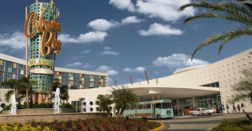 View of Cabana Bay Beach Resort Entrance with a Shuttle Bus in the front 960