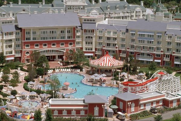 View of the mian pool and back of Hotel at the Disney Boardwalk Inn 600
