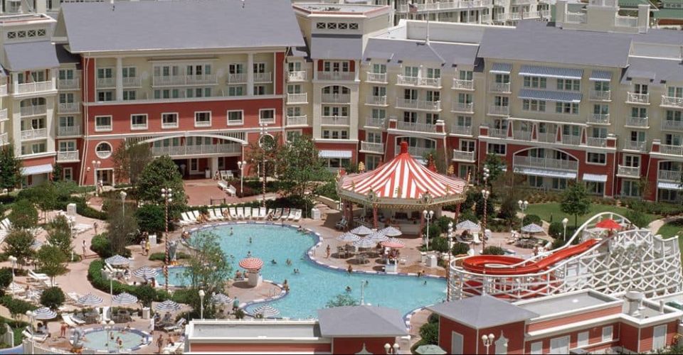 View of the mian pool and back of Hotel at the Disney Boardwalk Inn 960