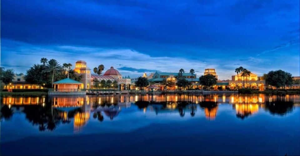 View of the Disney Coronado Springs Resort from the lake in the evening 960