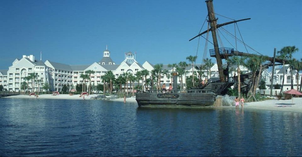 View of the Disney Yacht Club from Crescent Lake overlooking the Water Slide Pirate Ship 960