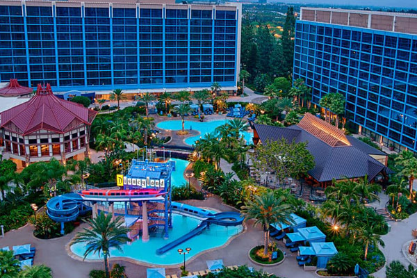 View of the Pools and the Back section of the Disneyland Hotel in California 600