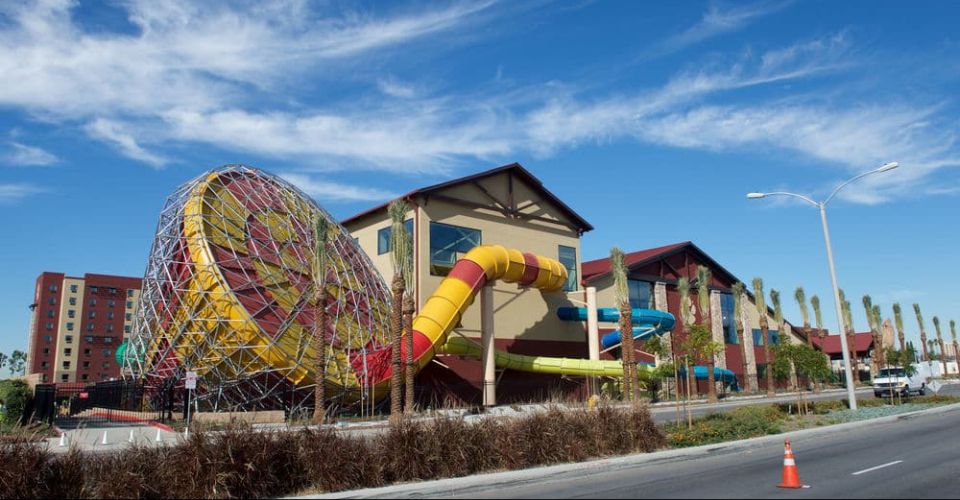 View of the Indoor Water slides from the outside of the Great Wolf Lodge in Garden Grove CA