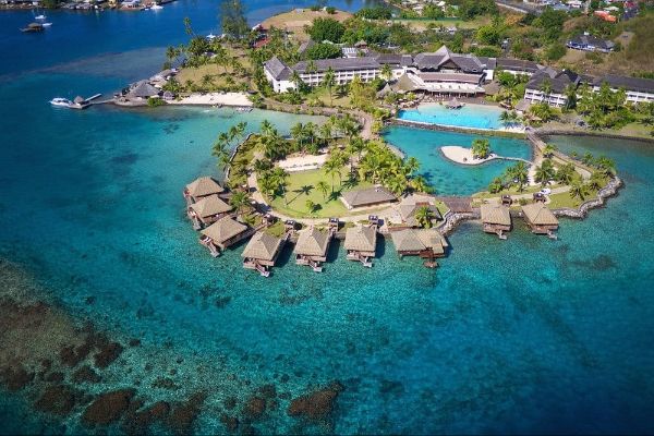 Aerial view of the overwater bungalows in the lagoon at InterContinental Resort Tahiti 600