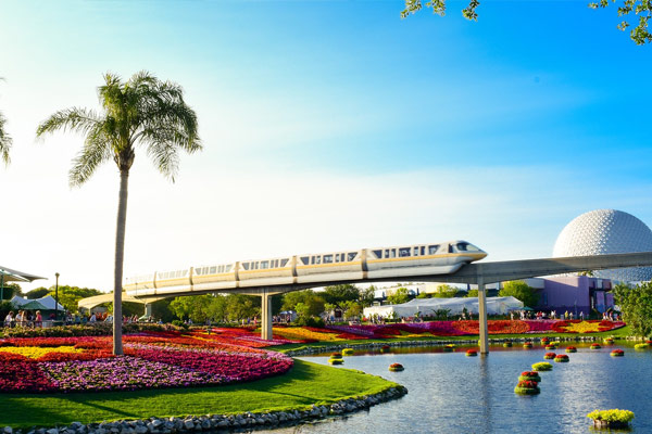 View of the Monorail at Disney World with beautiful floral arrangements 600