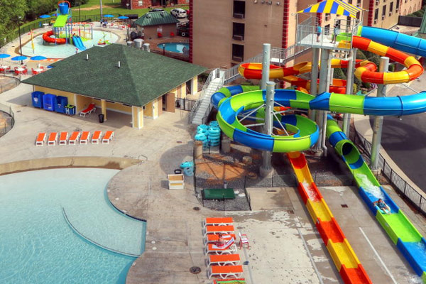View of the Country Cascades Outdoor Water Park with Water Slides and Kids Splash Park 600