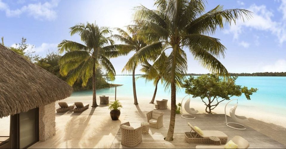 View of a private beach area in front of a bungalow at the St Regis Resort Bora Bora 960