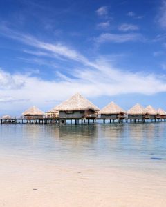 Bungalows over the water at the Le Meridien Tahiti Hotel from the beach 400