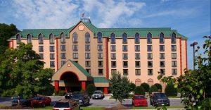 View of the Country Cascades Resort Country Tower parking lot and entrance in Pigeon Forge Tn 960