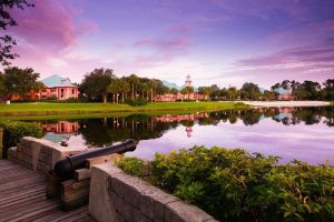 View of the Beach from the walkway with Cannons at the Disney World Caribbean Beach Resort in Orlando 600