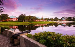 View of the Beach from the walkway with Cannons at the Disney World Caribbean Beach Resort in Orlando 600