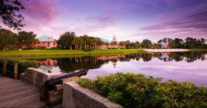 View of the Beach from the walkway with Cannons at the Disney World Caribbean Beach Resort in Orlando 960