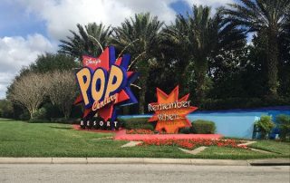 View of the front sign at the entrance of the Disney World Pop Century Resort in Orlando 600