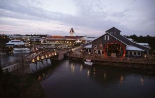 View of the Disney Port Orleans Riverside Resort Waterway and dock with dining 600