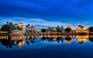 View of the Disney Coronado Springs Resort from the lake in the evening 600