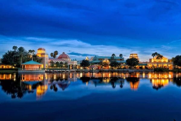 View of the Disney Coronado Springs Resort from the lake in the evening 600
