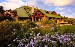 View of the entrance to the Disney Wilderness Lodge in Disney World over flowers 600