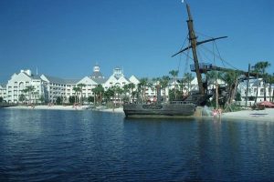 View of the Disney Yacht Club from Crescent Lake overlooking the Water Slide Pirate Ship 600