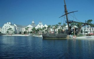View of the Disney Yacht Club from Crescent Lake overlooking the Water Slide Pirate Ship 600