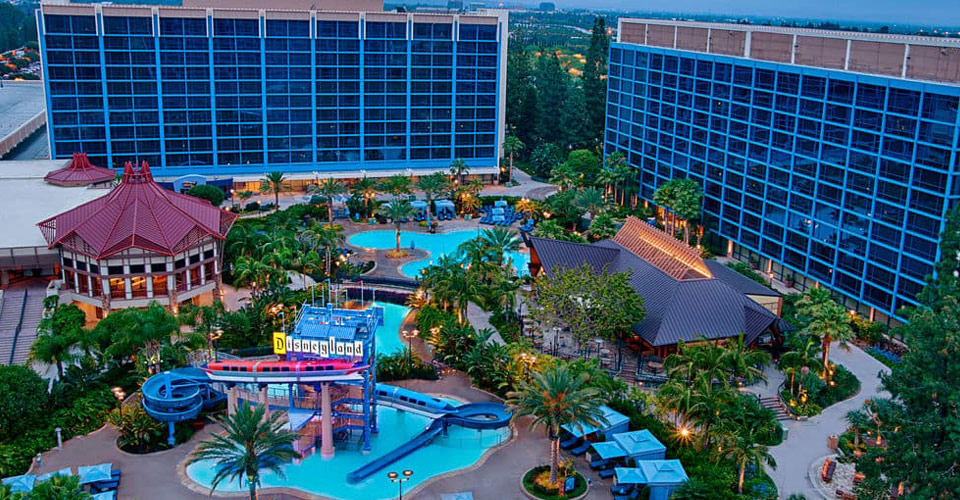 View of the Pools and the Back section of the Disneyland Hotel in California 960