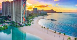 View of the Rainbow Tower beside the private lagoon at the Hilton Hawaiian Village in Waikiki Honolulu 960