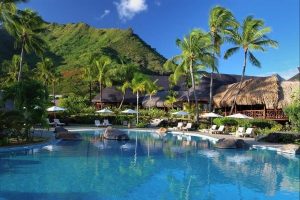 View of the Pool with Garden Bungalows at the Hilton Lagoon Resort in Moorea 600