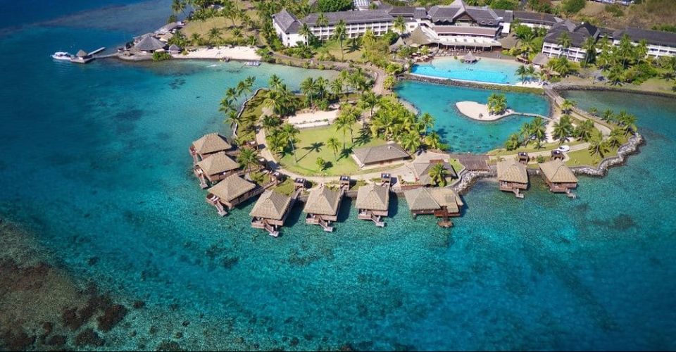 Aerial view of the overwater bungalows in the lagoon at InterContinental Resort Tahiti 960