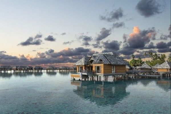 Early morinig view of the over water villas at the Intercontinental Resort and Thalasso Spa in Bora Bora 600