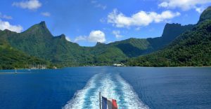 View of the Island of Moorea from the back of a boat speeding through the Pacific waters 960