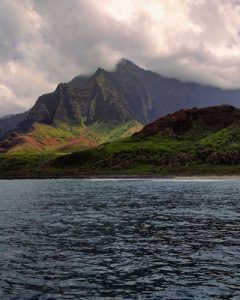 View of the Coast of Hawaiian Islands from the Water with a huge Mountain Backdrop 400