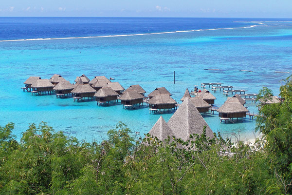 View of Overwater Bungalows in Moorea French Polynesia from the hillside 600
