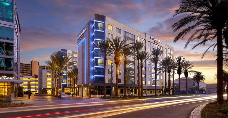 View of the Residence Inn Anaheim Convention Center from the Street in the evening 960
